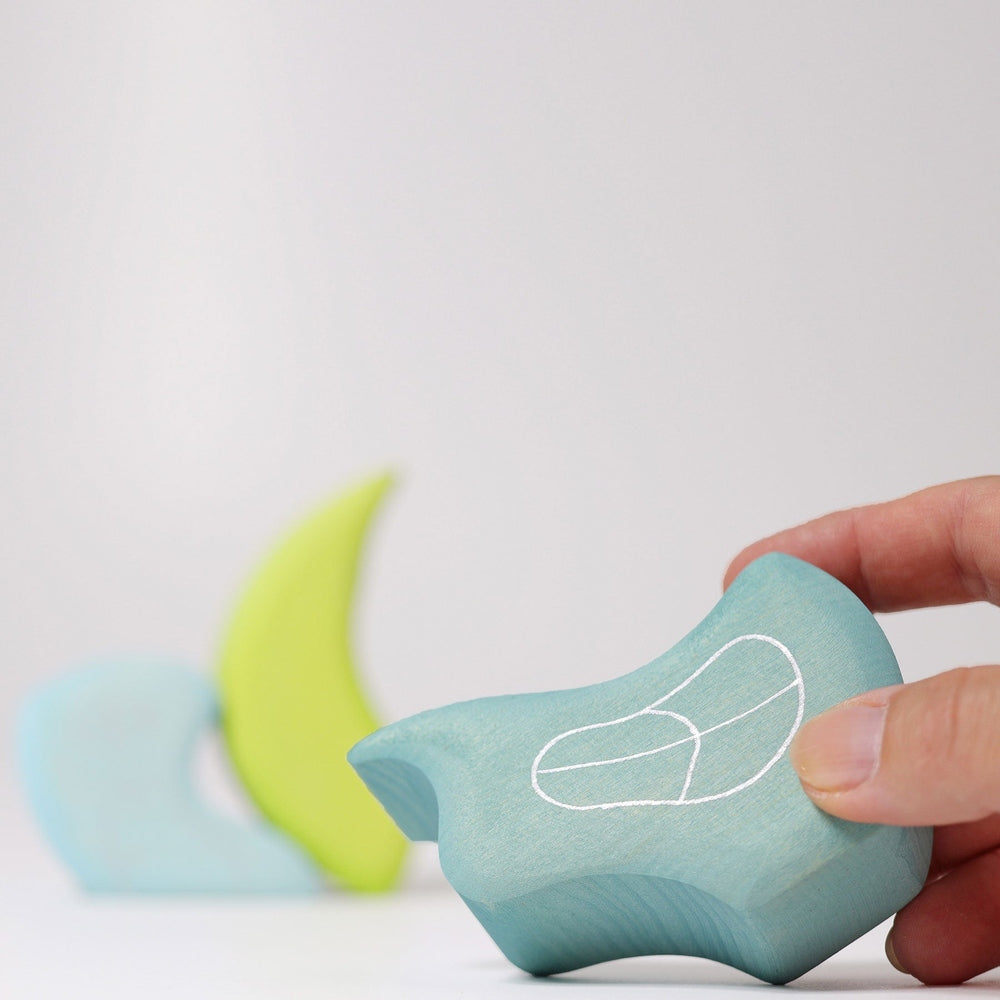 Grimm's Blocks Gnomes Bungalow 3pc wooden toy set in teal and pastel blue