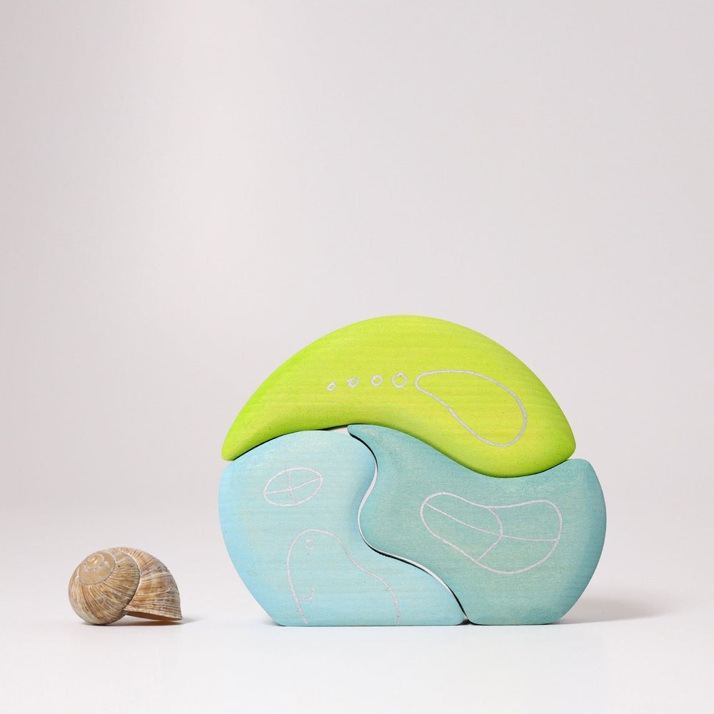 Grimm's Gnomes Bungalow 3pc wooden blocks set in lime green and sky blue with white line drawings