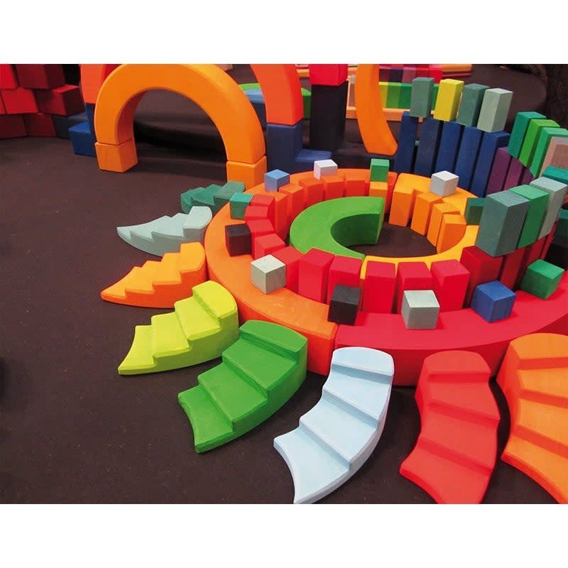 Grimm's Counter Rotating Stepped Spiral 56pc rainbow wooden block set