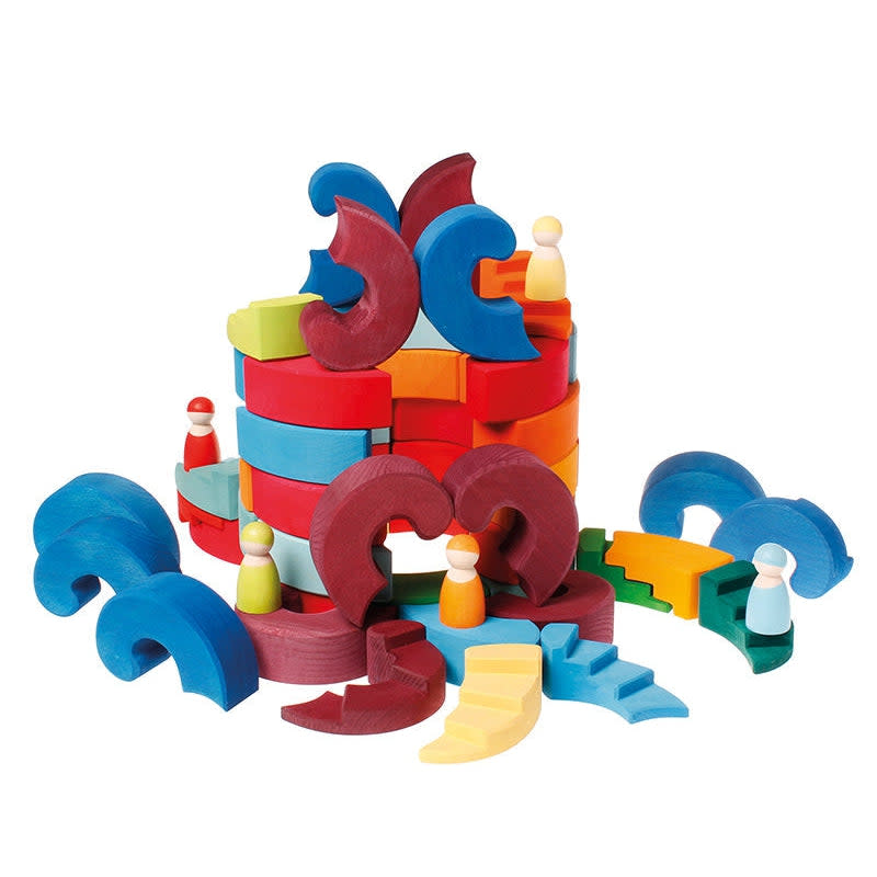 Grimm's Counter Rotating Stepped Spiral 56-piece rainbow wooden block set with figures