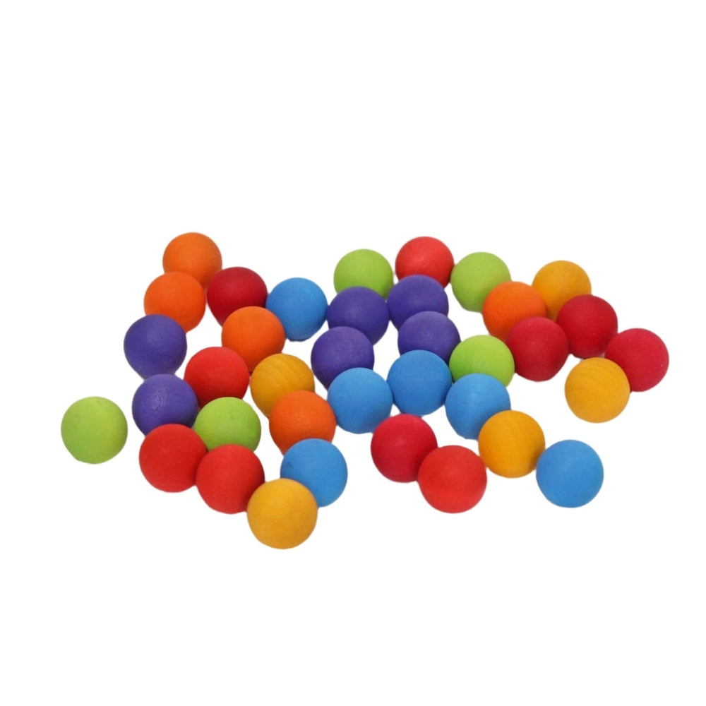Grimm's 35pc multicoloured wooden marbles set in bright red, blue, green, orange and purple
