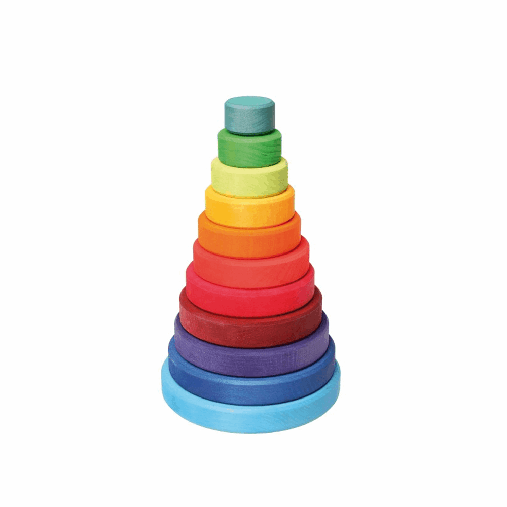 Grimm's Stacking Conical Tower Large rainbow wooden blocks in bright color sequence