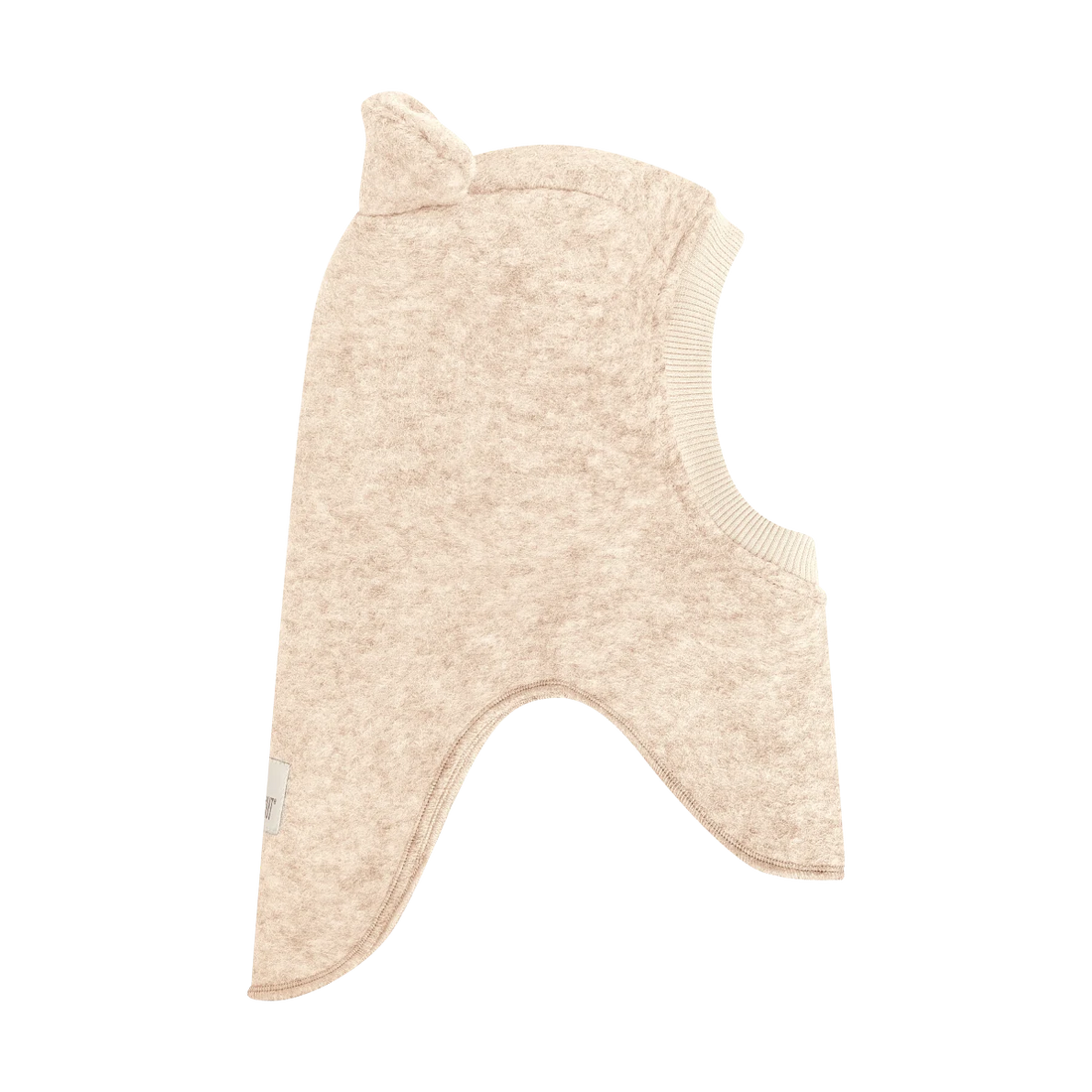 HUTTEliHUT wool balaclava in Sand melange, side profile with extended neck panels