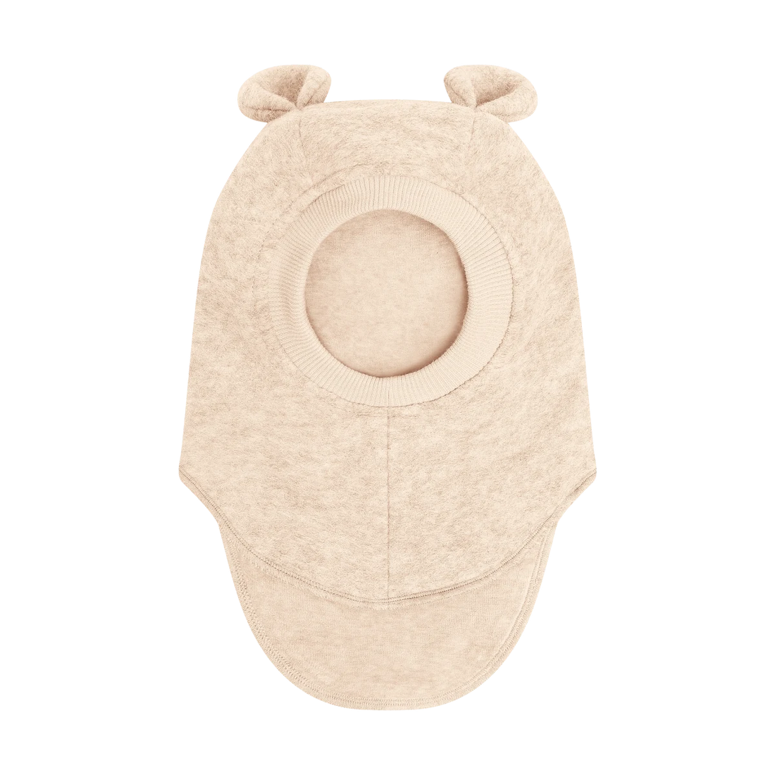 Front view of HUTTEliHUT Sand melange wool balaclava with round bear ears and ribbed face opening