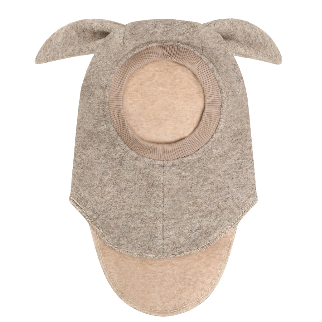 Front view of HUTTEliHUT Camel melange wool balaclava with long ears and ribbed face opening