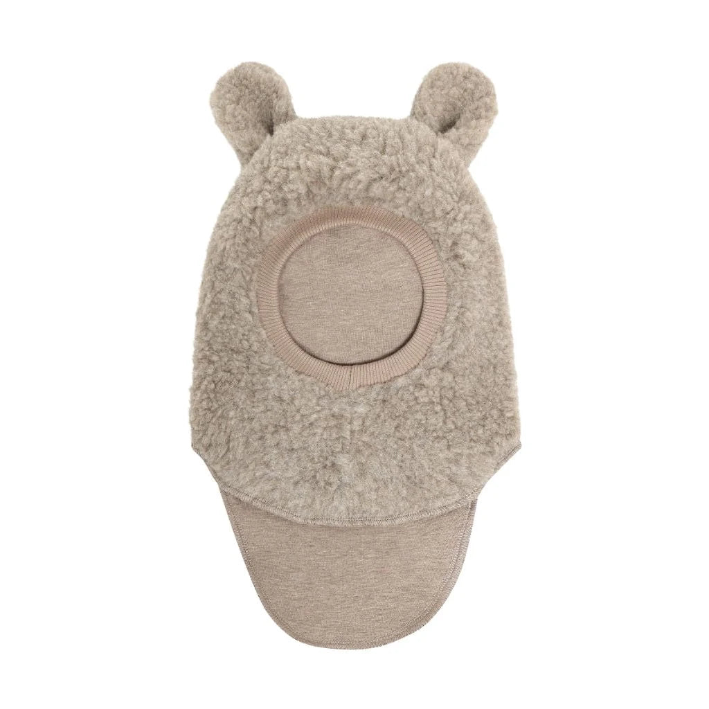 Front view of HUTTEliHUT Camel melange wool teddy balaclava with rounded ears
