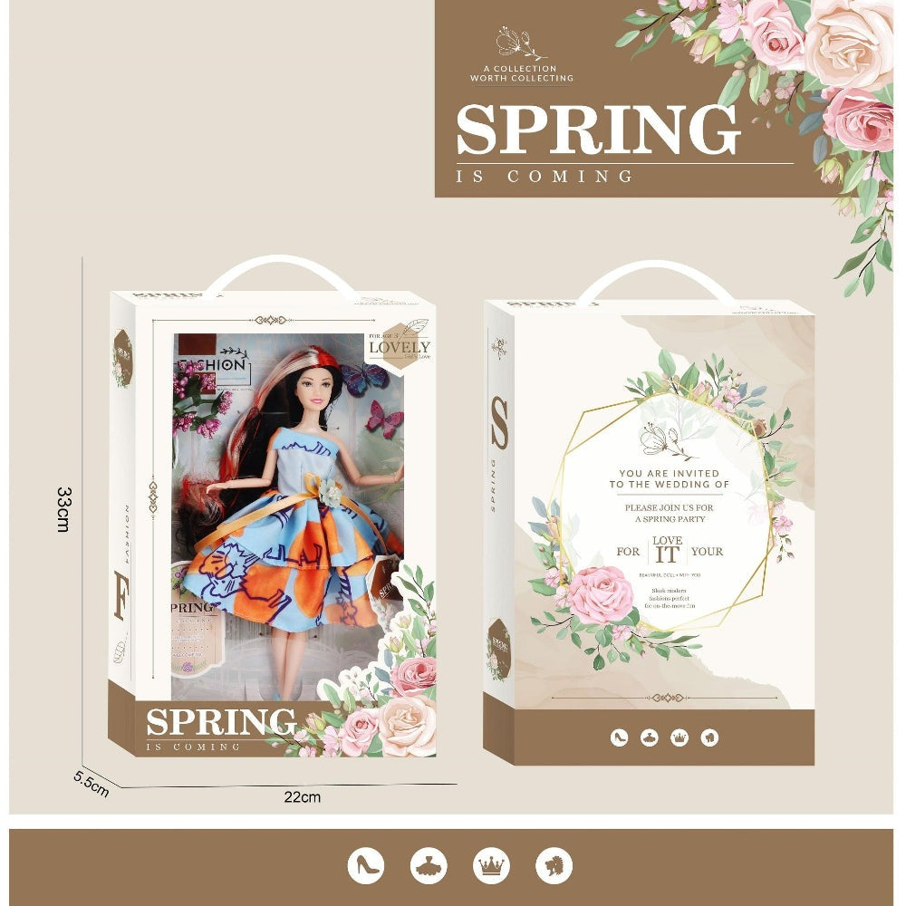 Barbie-style 11-inch Spring doll in white floral packaging; two boxed sets with random accessories by Handsome Toys.