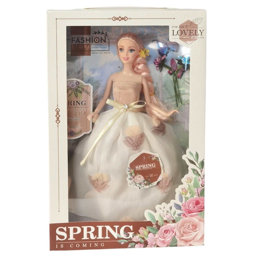 Handsome Toys 11-inch Barbie-style doll in a pink strapless bodice and white tulle dress with gold ribbon