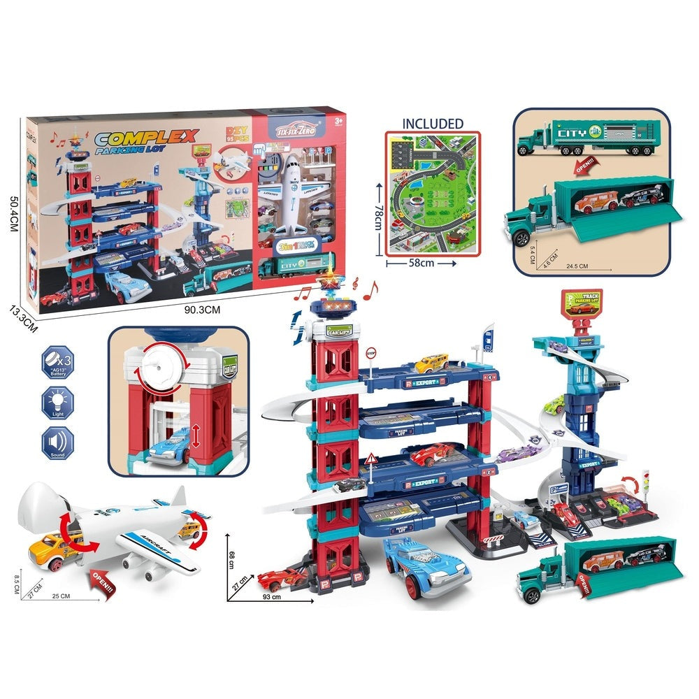 Handsome 3-In-1 Complex Parking Set, 95pcs, blue and red towers with vehicles