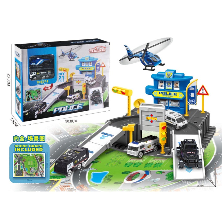 Handsome Alloy Police Parking Lot Set, 21pcs blue/white garage playset with police cars and helicopter