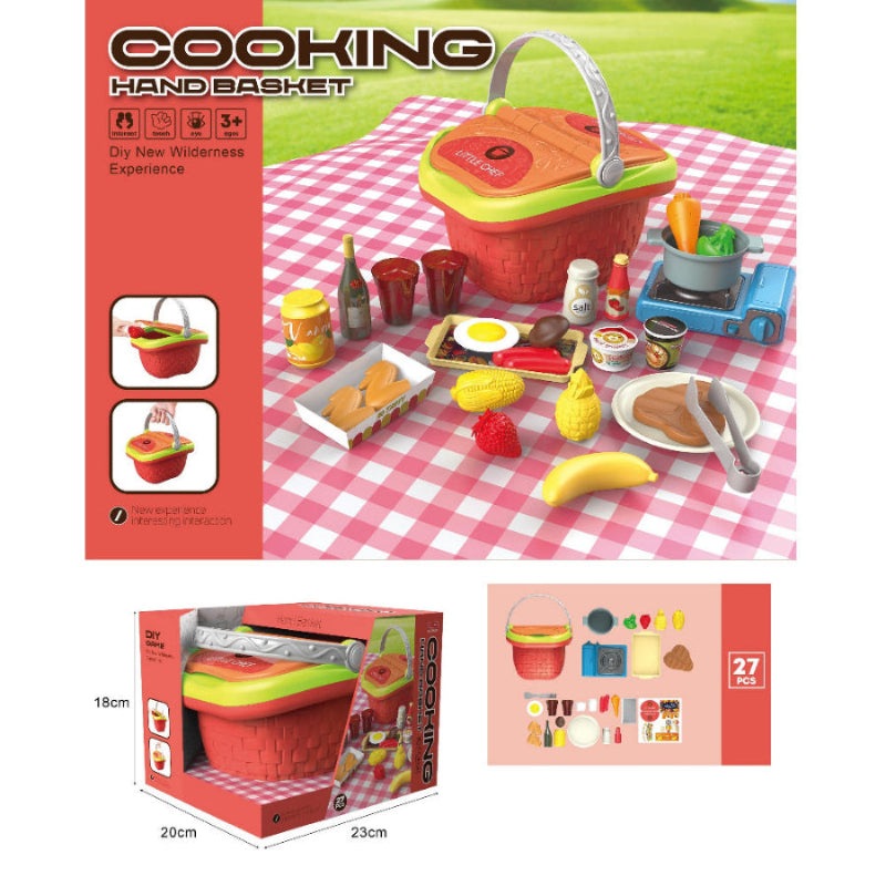 Handsome Barbecue Picnic Basket 27-piece pretend play set with plastic food and grill accessories by HANDSOME TOYS