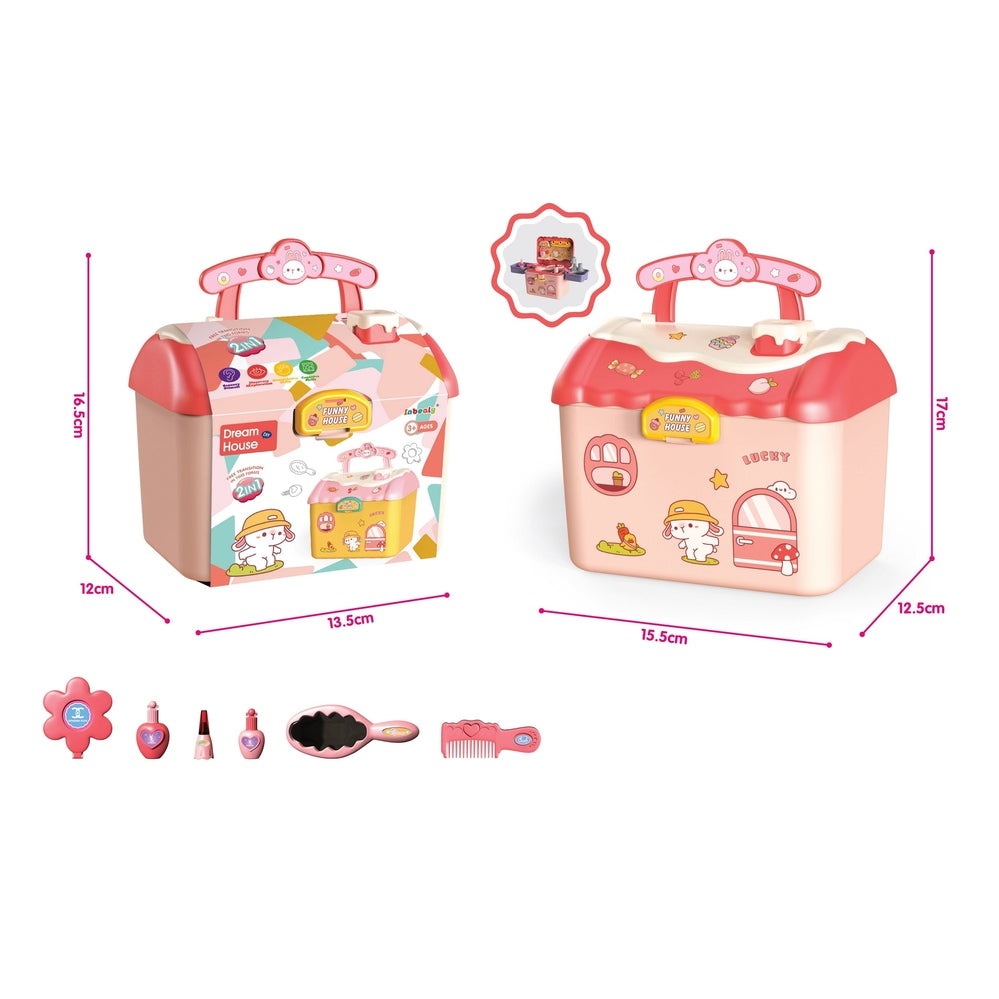 Handsome Beauty Set Box two pink cosmetic cases with pretend makeup and 6 accessories