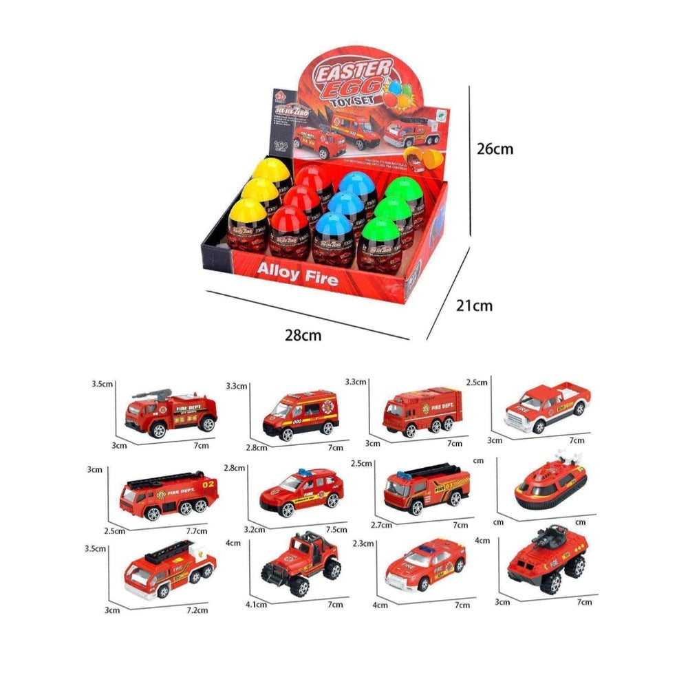 Handsome Toys Fire Department blind box set; 12 mini red fire vehicles in a red display box.