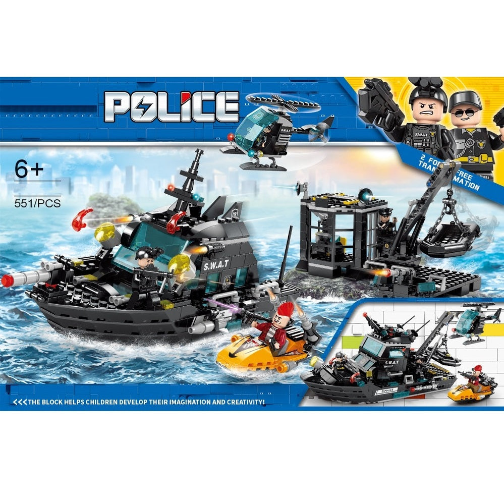 Armored boat building set from Handsome Toys, 551 pieces in black-gray with SWAT minifigures and helicopter.