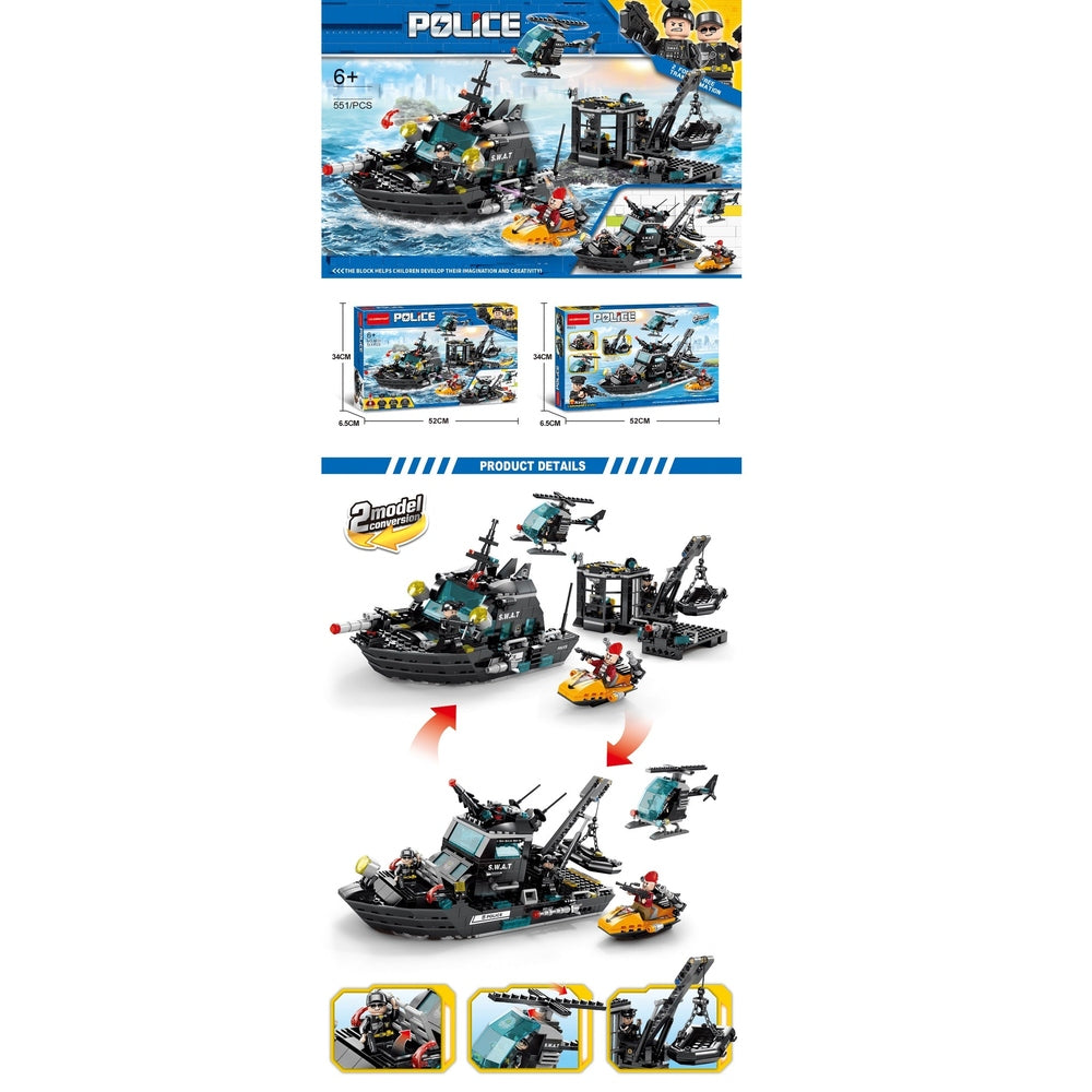 Armored boat building set by Handsome Toys, 551 pieces with police minifigs and helicopter