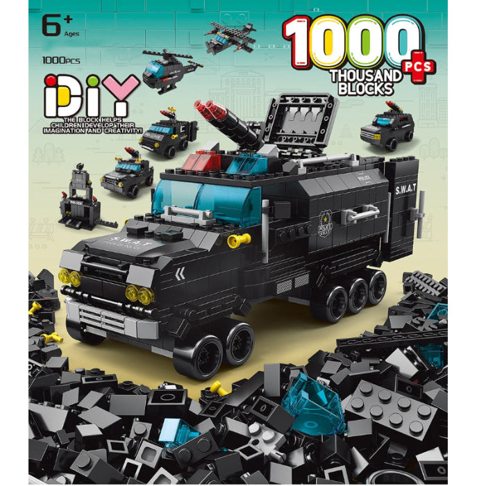 HANDSOME TOYS armored vehicle building set, 1000-piece, black SWAT truck with teal cockpit and yellow lights.