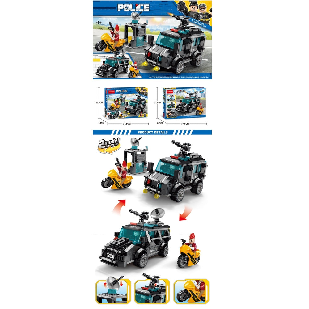 Handsome Toys Armored Vehicle building blocks set, 313 pcs, black teal police SUV with motorcycle and minifigures