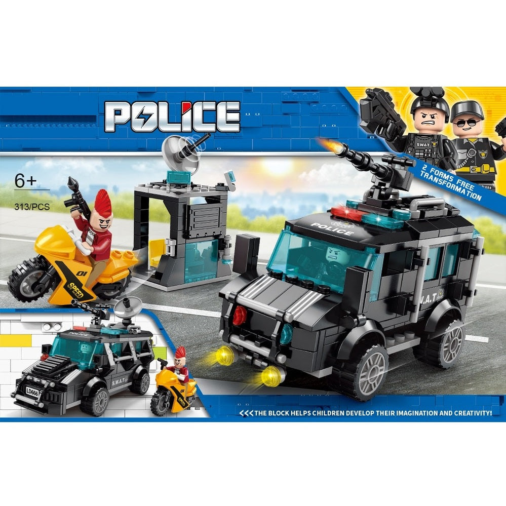 Handsome Toys armored vehicle building set, 313 pcs, black police SUV with blue-tinted windows and minifigures