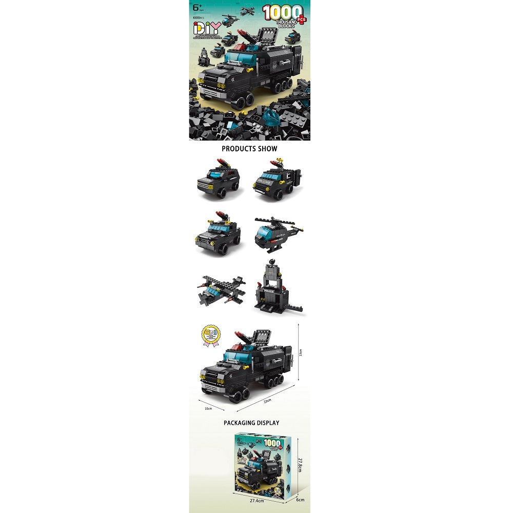 Handsome Toys armored vehicle building set, 1000-piece, black truck with teal windshield and mini builds