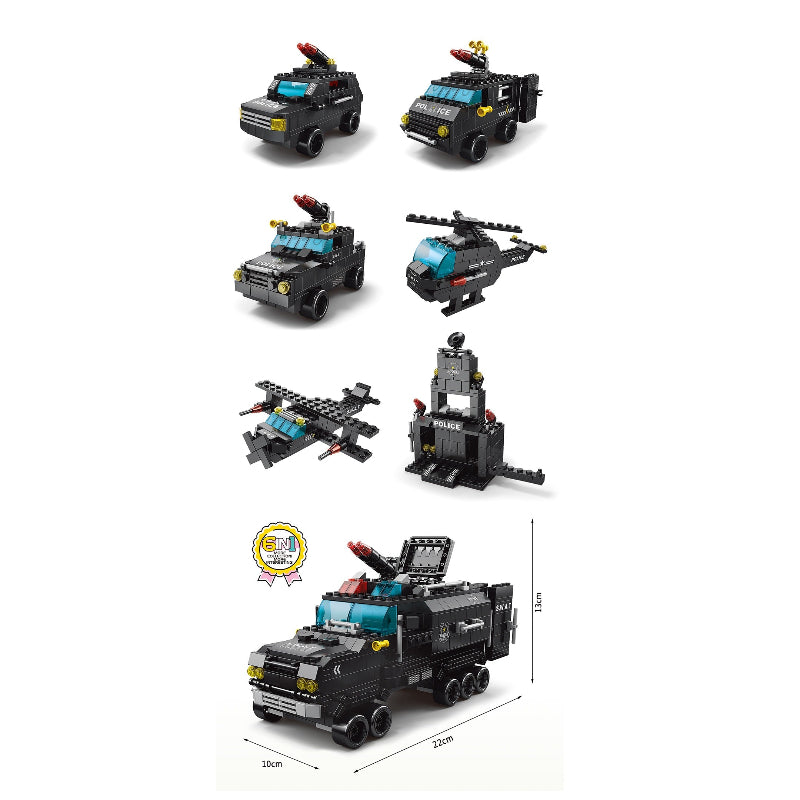 Handsome Toys Armored Vehicle Building Block Set, 1000 pieces, black police cars and helicopter