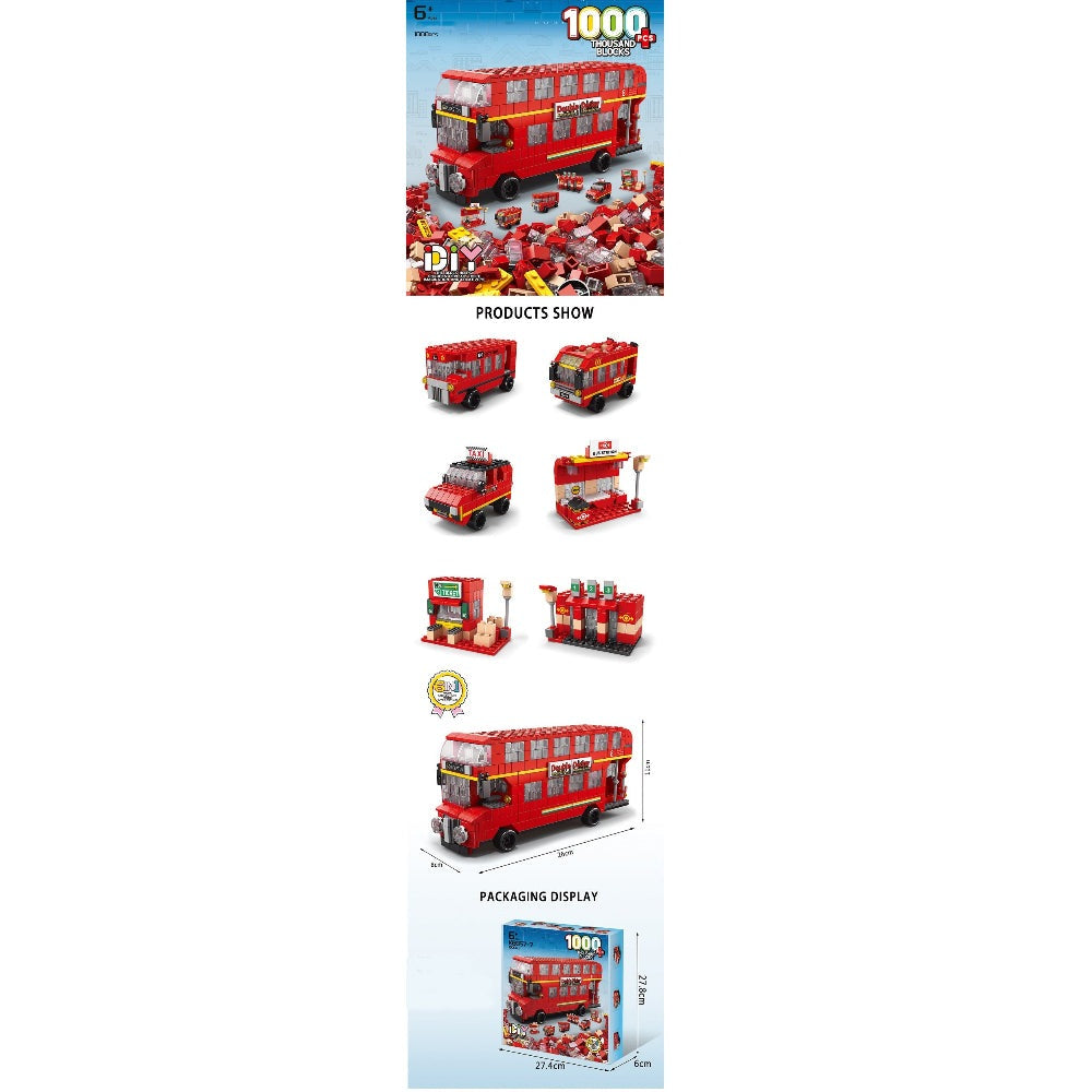 Building block bus set 1000pcs by HANDSOME TOYS; red city bus with accessories and packaging display