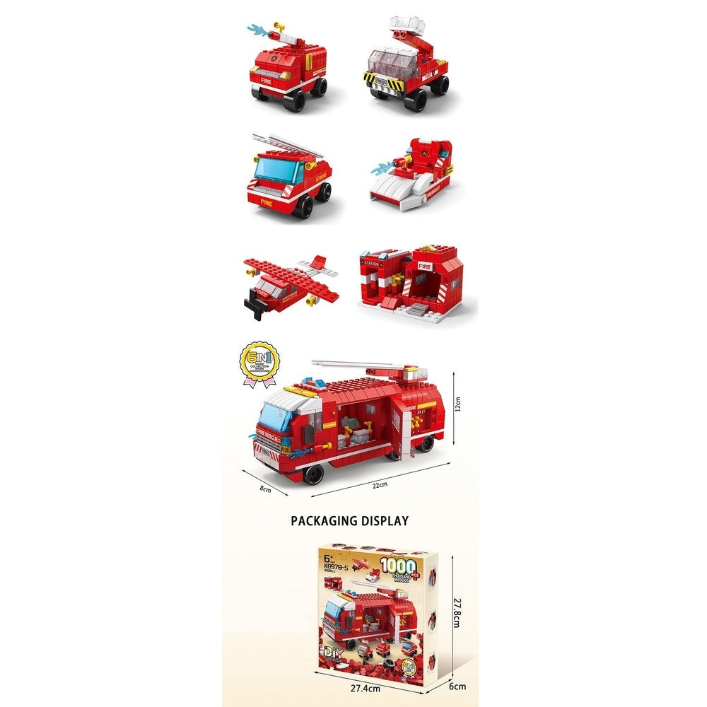 Handsome Toys firetruck building set, red 1000-piece construction blocks with multiple fire vehicles