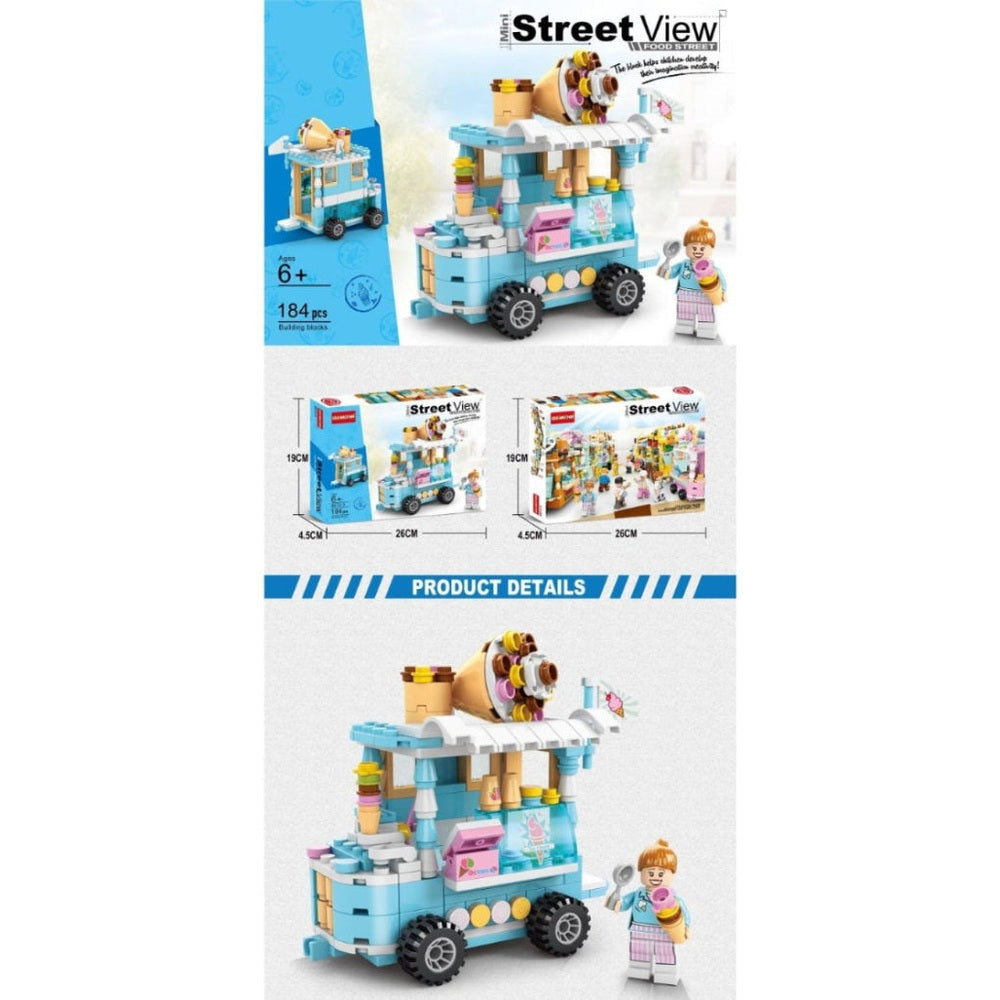 Ice Cream Stall building block set by Handsome Toys, 184 pieces, blue pastel colors with minifigure