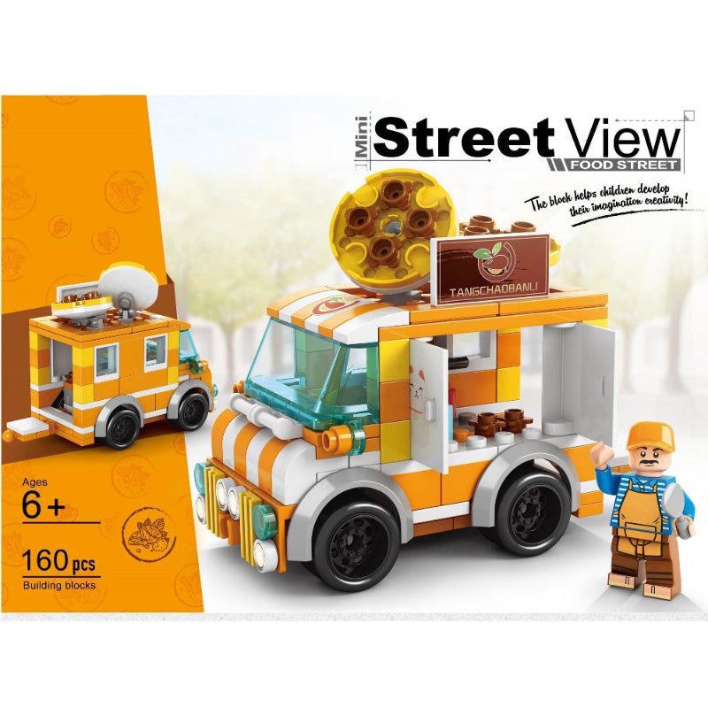 Handsome Toys Roasted Chestnut Stall building blocks set, 160 pcs, orange and white vehicle with vendor minifigure