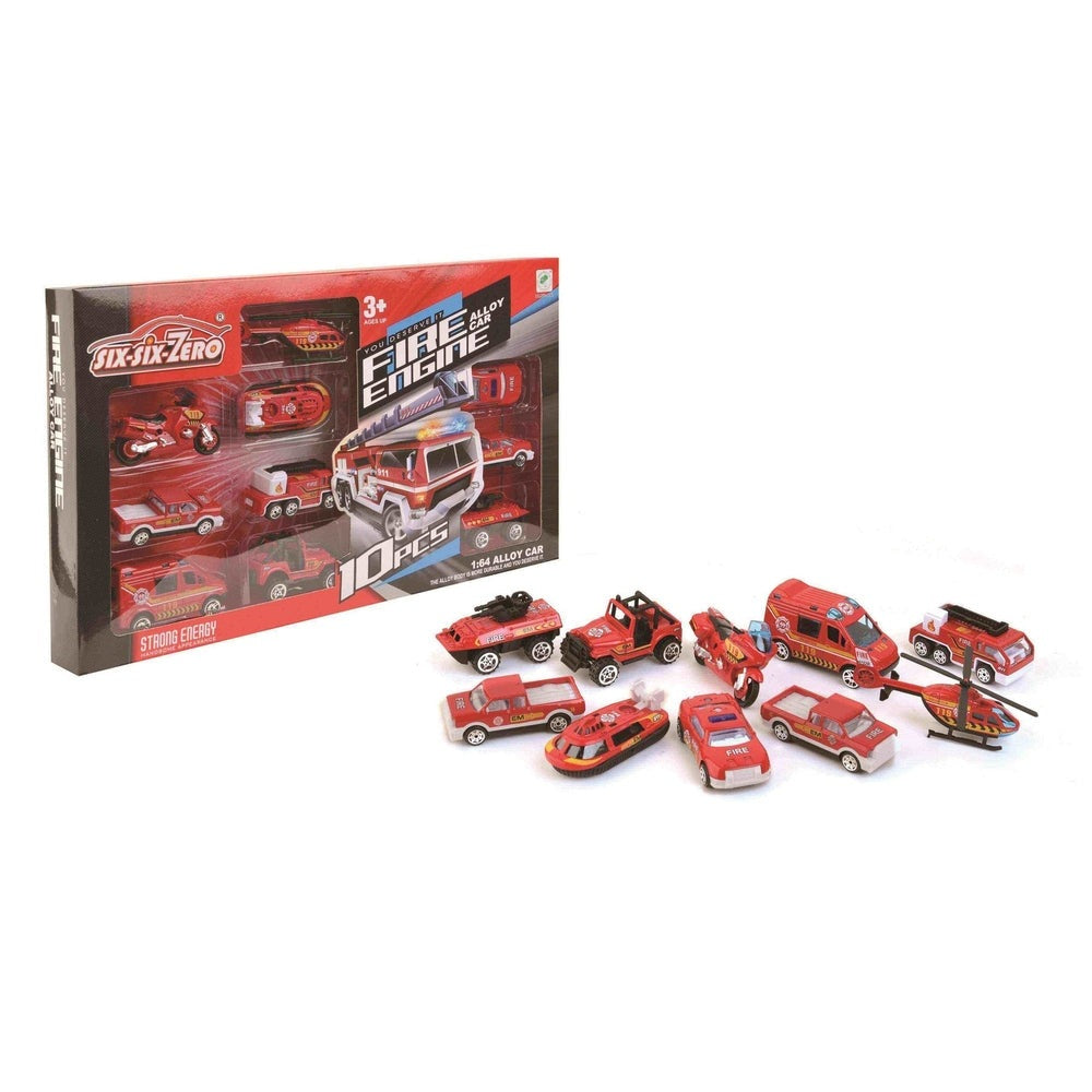 Handsome Car Set Red 10pcs, 10-piece red toy cars and emergency vehicles by Handsome Toys