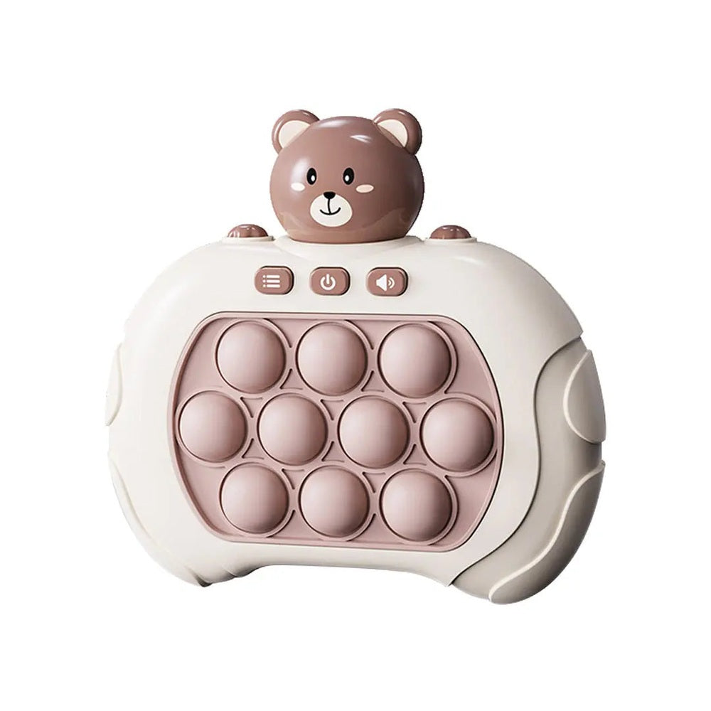 Handsome Children's Speed Smart Push Bubble toy with bear topper; cream body and pink bubble grid being pressed.