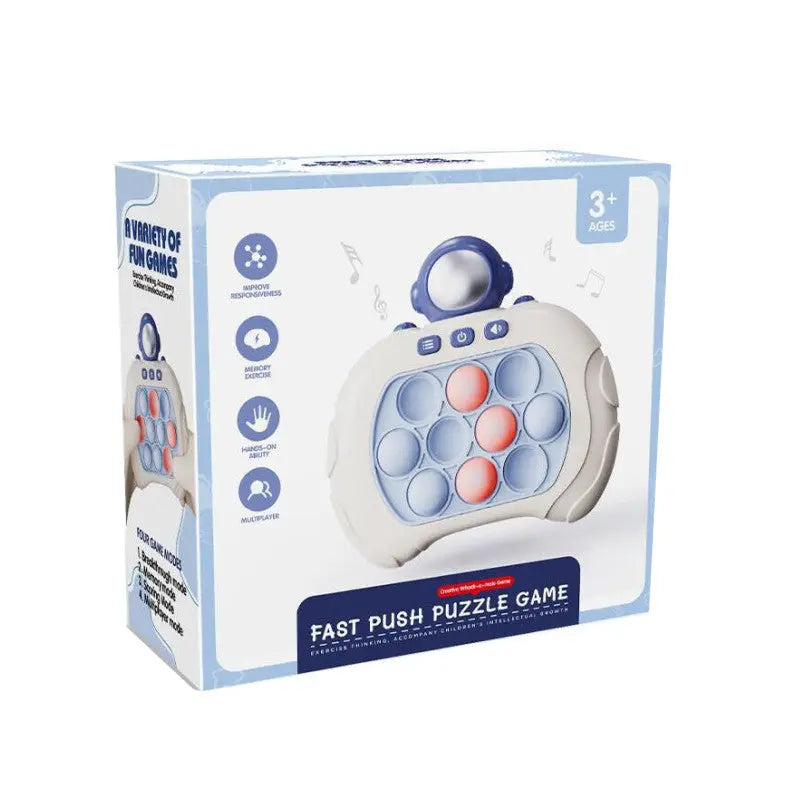 Handsome Toys Handsome Children's Speed Smart Push Bubble handheld game, white/blue, bubble grid being pressed by a toddler.