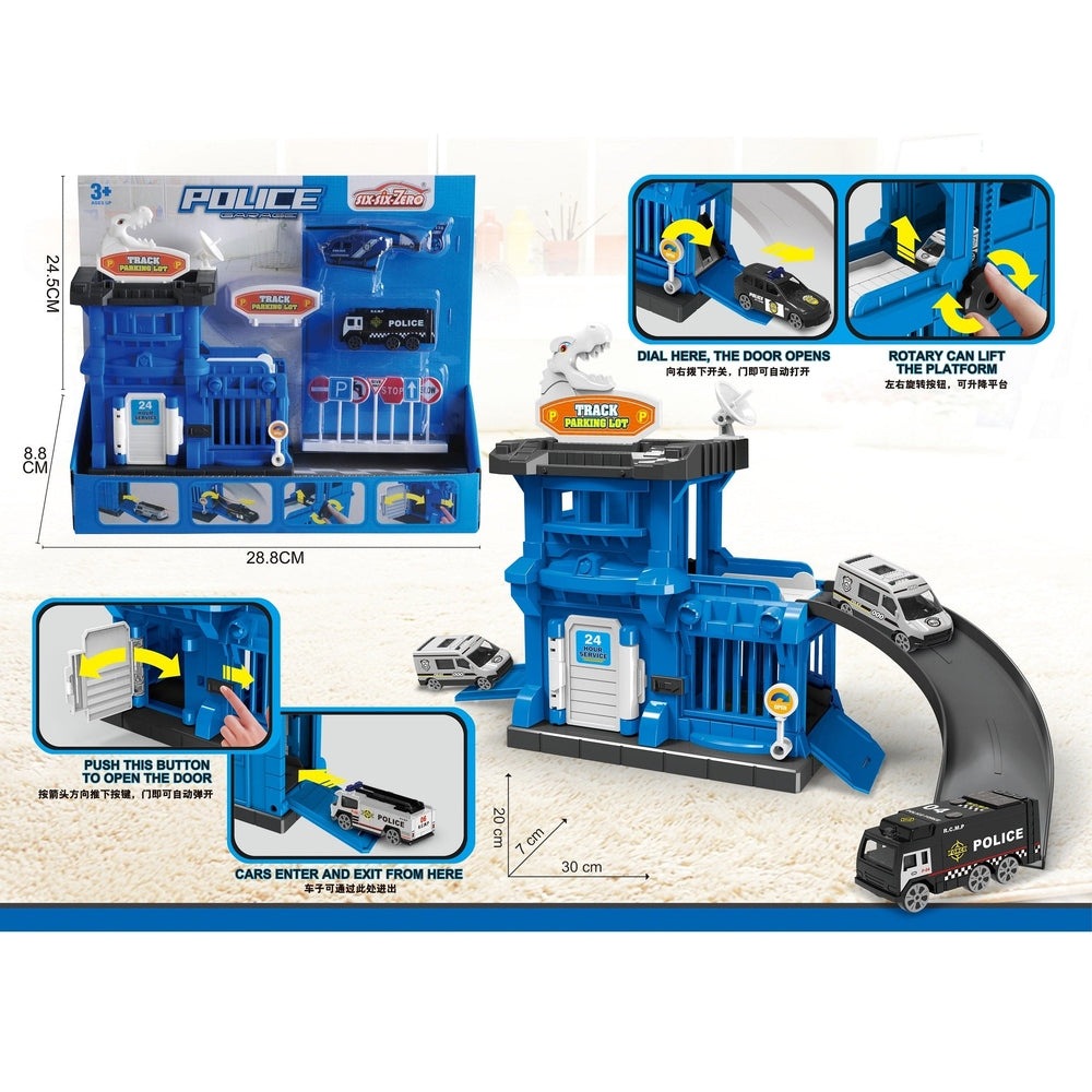 Handsome Toys Handsome Combined Police Parking Set blue plastic playset with garage, ramp, and 2 police cars