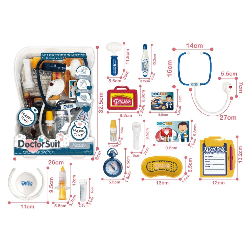 Doctor playset 14pcs by HANDSOME TOYS; pretend medical kit with colorful tools and case