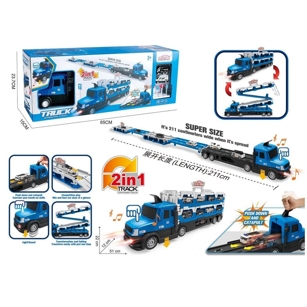 Handsome Toys blue police sliding track storage vehicle with 2in1 expandable track set