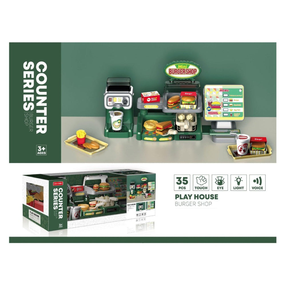 Handsome Fast Food Shop 35pcs playset with green counters and toy kitchen appliances by Handsome Toys