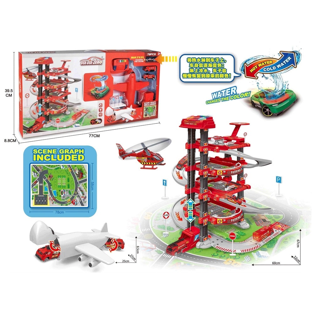 Handsome Toys Handsome Flash Musical Color-Changing Garage with 3 cars, red multi-level parking tower