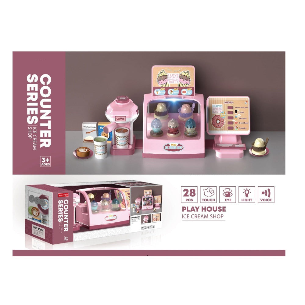 Handsome Ice-Cream Shop 28pcs pink pretend playset with ice cream parlor, cones and menu by Handsome Toys