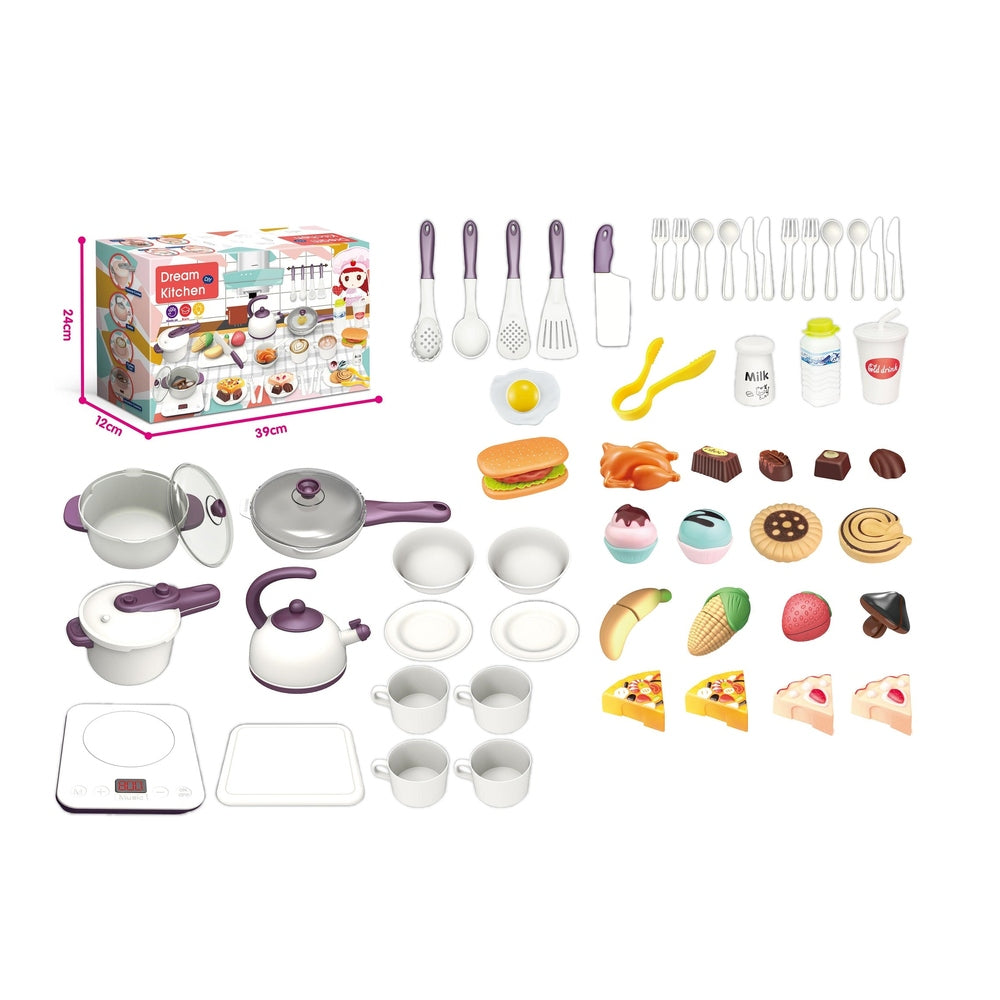 Handsome Kitchen 54-piece toy cookware set with purple-handled utensils, pots, pans, and play food