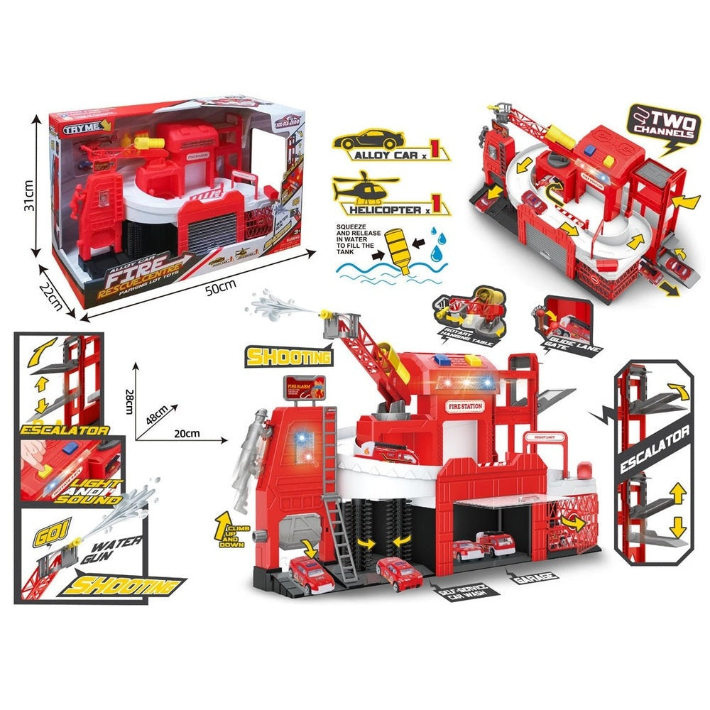Handsome Toys multifunctional fire headquarters playset in red with crane, elevator and 3-car garage