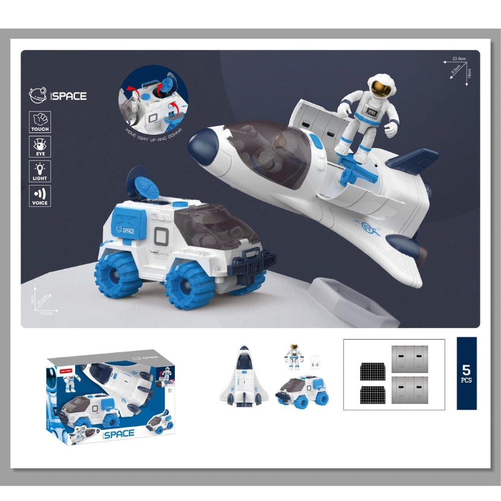 Handsome Toys space exploration aircraft radar car set; white and blue 5-piece spaceship playset with batteries