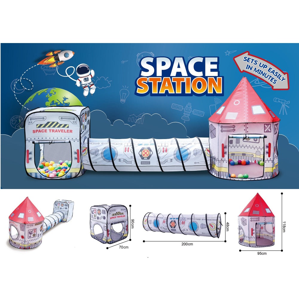 Space Station children's tent set by Handsome Toys; 3-piece playset with tunnel and rocket tower.