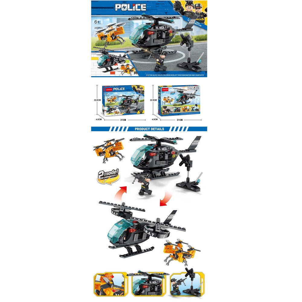 Handsome Toys SWAT helicopter building set, black and teal, includes 200 bricks and minifigures
