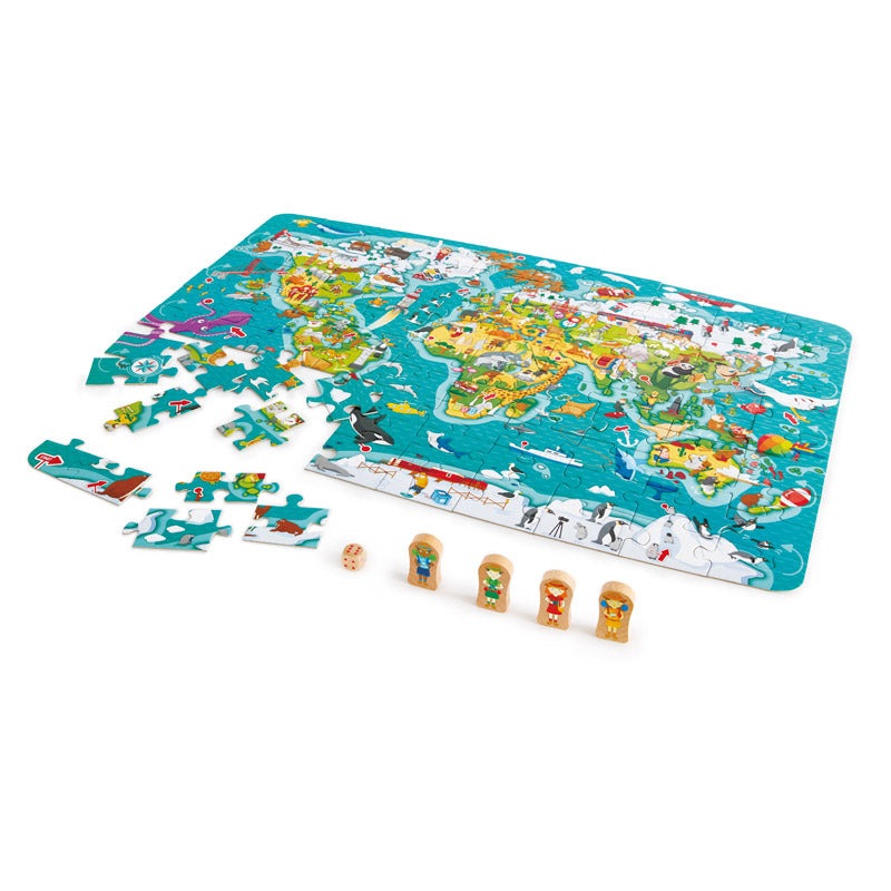 Hape 2-In-1 World Tour puzzle and game: colorful world map jigsaw with four wooden explorer figurines