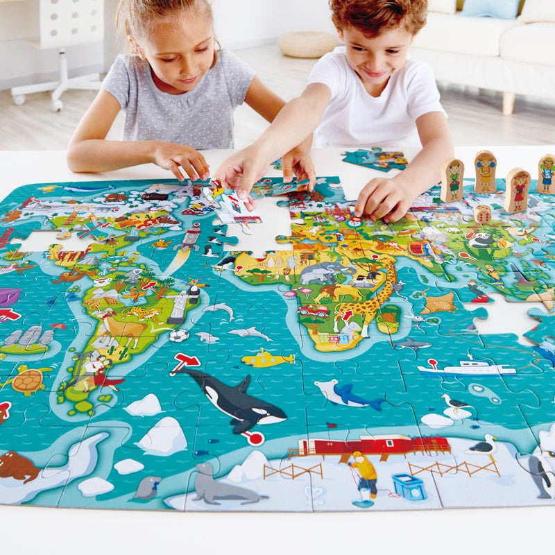 Hape 2-In-1 World Tour puzzle and game; colorful world-map jigsaw with wooden tokens
