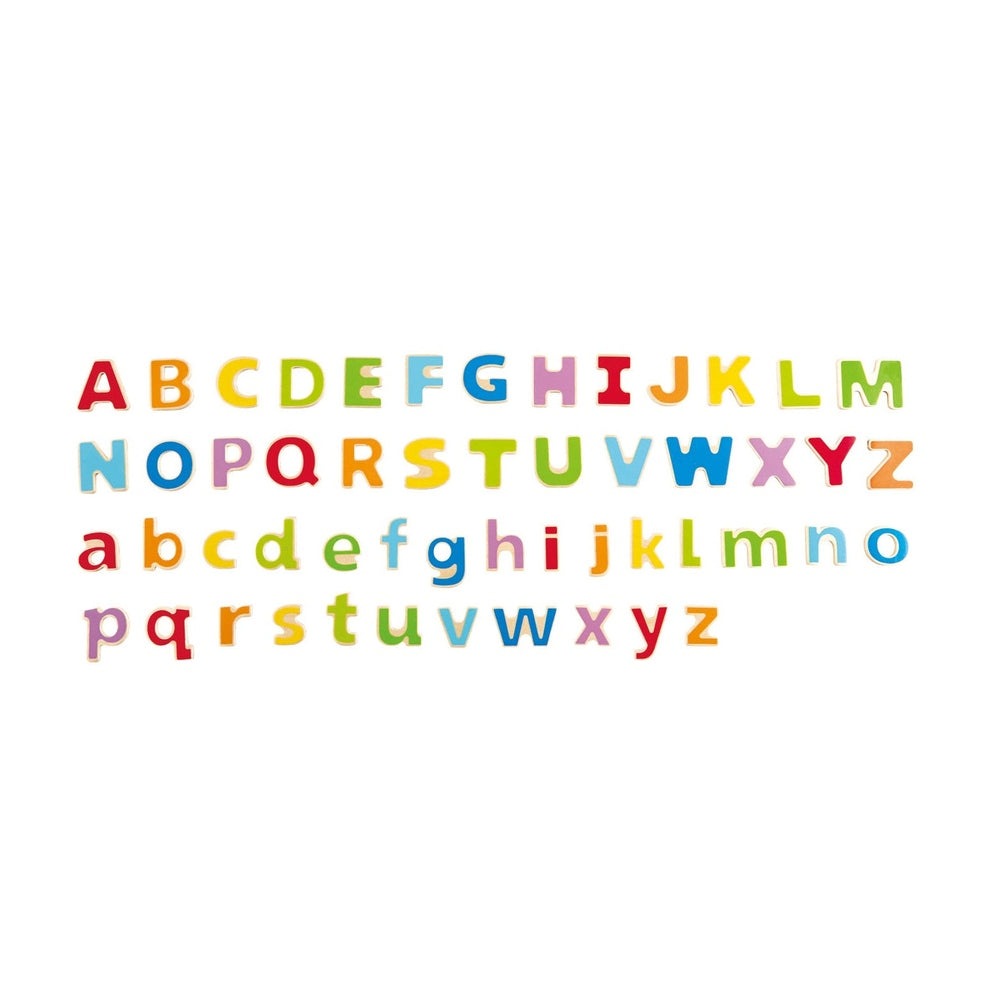 Hape Abc Magnetic Letters: colorful wooden letters arranged in rows on white background.