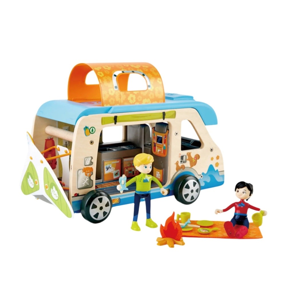 Hape Adventure Van wooden camper playset with two figures, campfire and camping gear