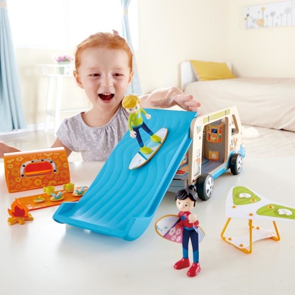 Hape Adventure Van playset with blue ramp, mini figures, and colorful accessories for imaginative play