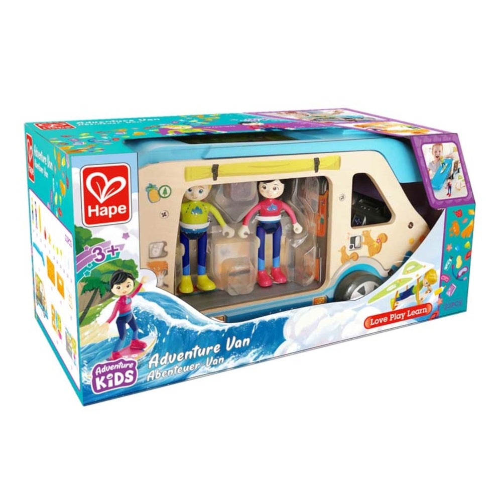 Hape Adventure Van toy set with two figurines in a colorful van for ages 3+; brand Hape.