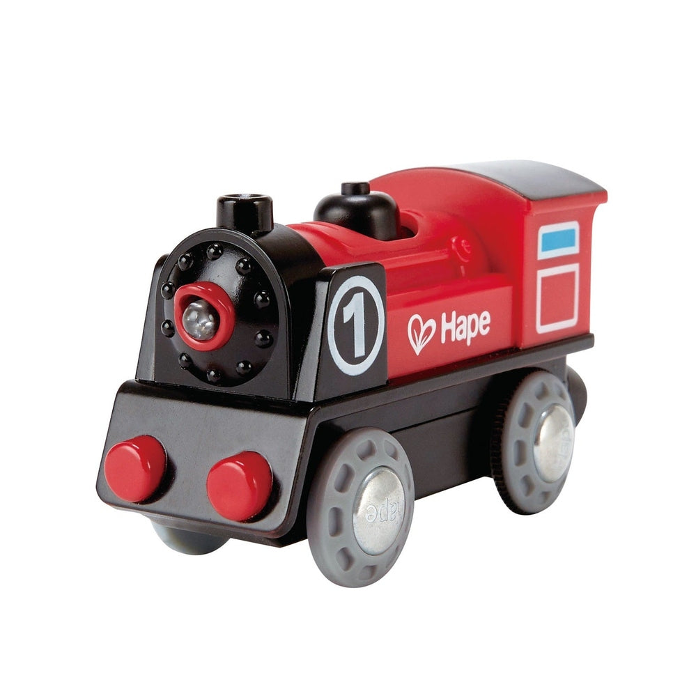 Hape Battery Power Engine No.1 red and black toy train engine with gray wheels