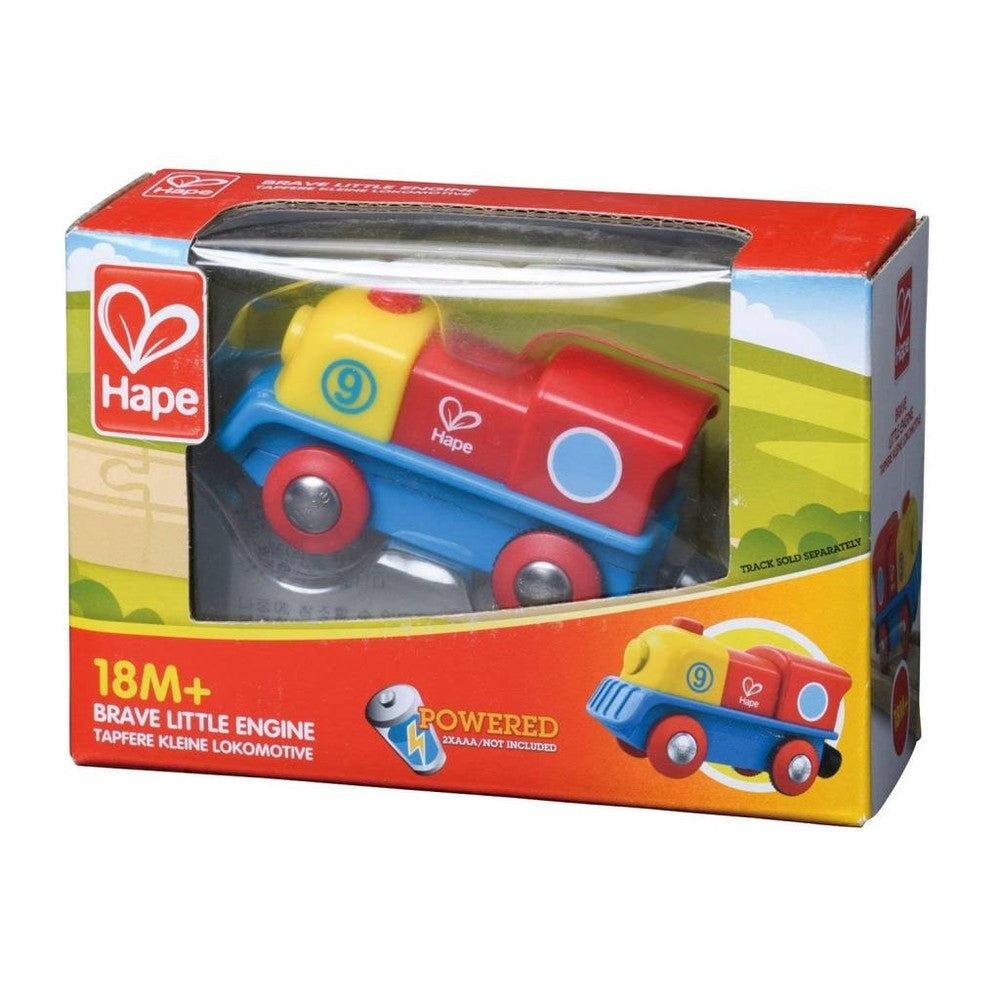 Hape Brave Little Engine wooden toy train in red, blue and yellow with red wheels in colorful box